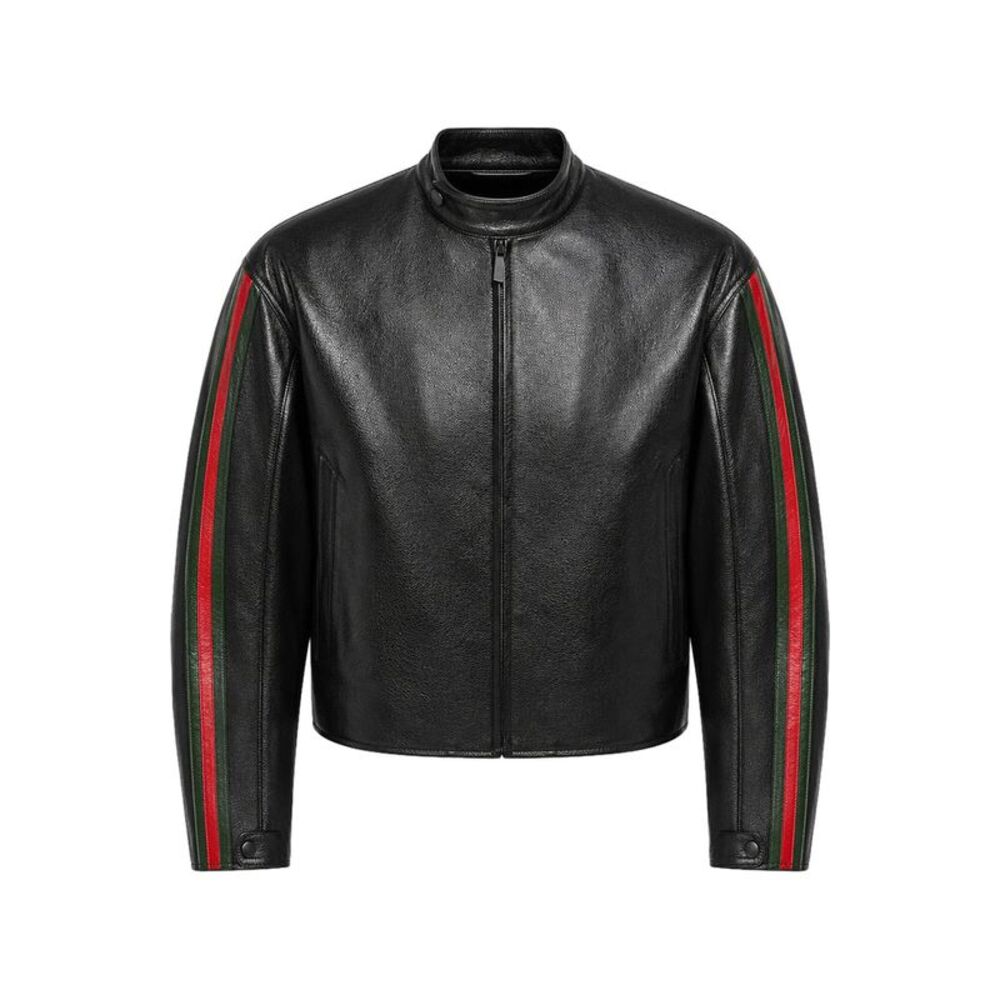 Gucci Men Leather Biker Jacket With Web Detail